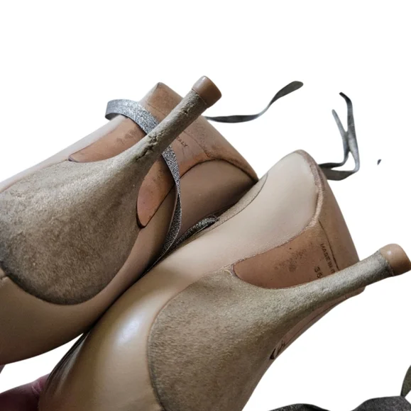 CHANEL Beige & Gold Lace Up Pumps Size 36